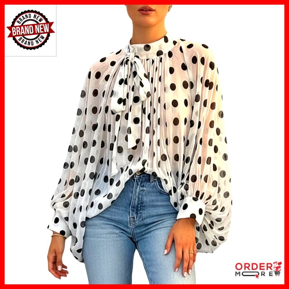 Long Sleeve Chiffon Blouse With Tie Neck, Polka Dots, Vintage Style